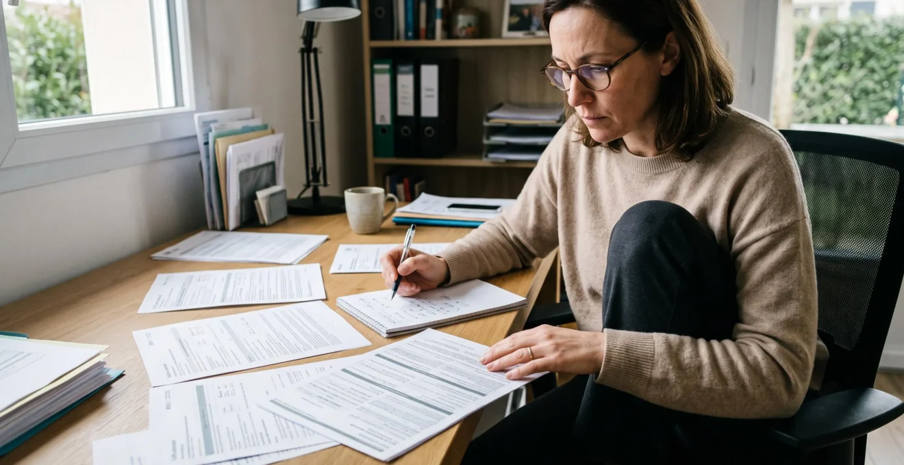 Une femme analyse et compare différents documents de contrats d'assurance vie à son bureau personnel, concentrée sur sa décision financière